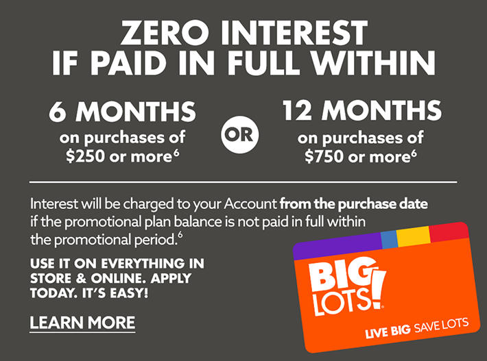 Zero Interest If Paid in Full Within 6 Months on purchases of $250 or more(6) OR 12 Months on Purchases of $750 or more (6). Interest will be charged to your account from the purchase date if the promotional plan balance is not paid in full within the promotional period(6). Use it on everything in store and online. Apply Today. It is Easy! Learn More