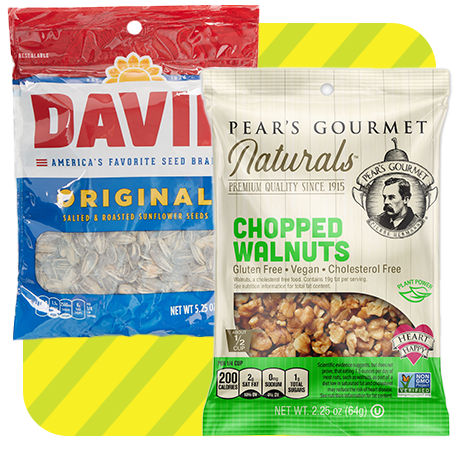 David Original Sunflower Seeds, Pears Gourmet, Naturals Chopped Walnuts.