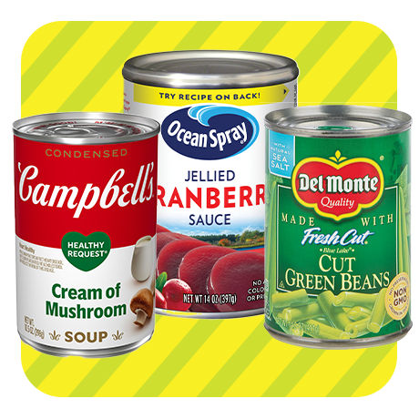 Campbells Soup, Ocean Spray Cranberry Sauce, Del Monte Green Beans