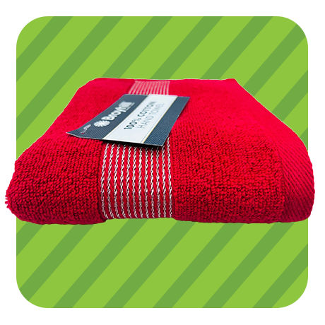 White-stitched red hand towels.