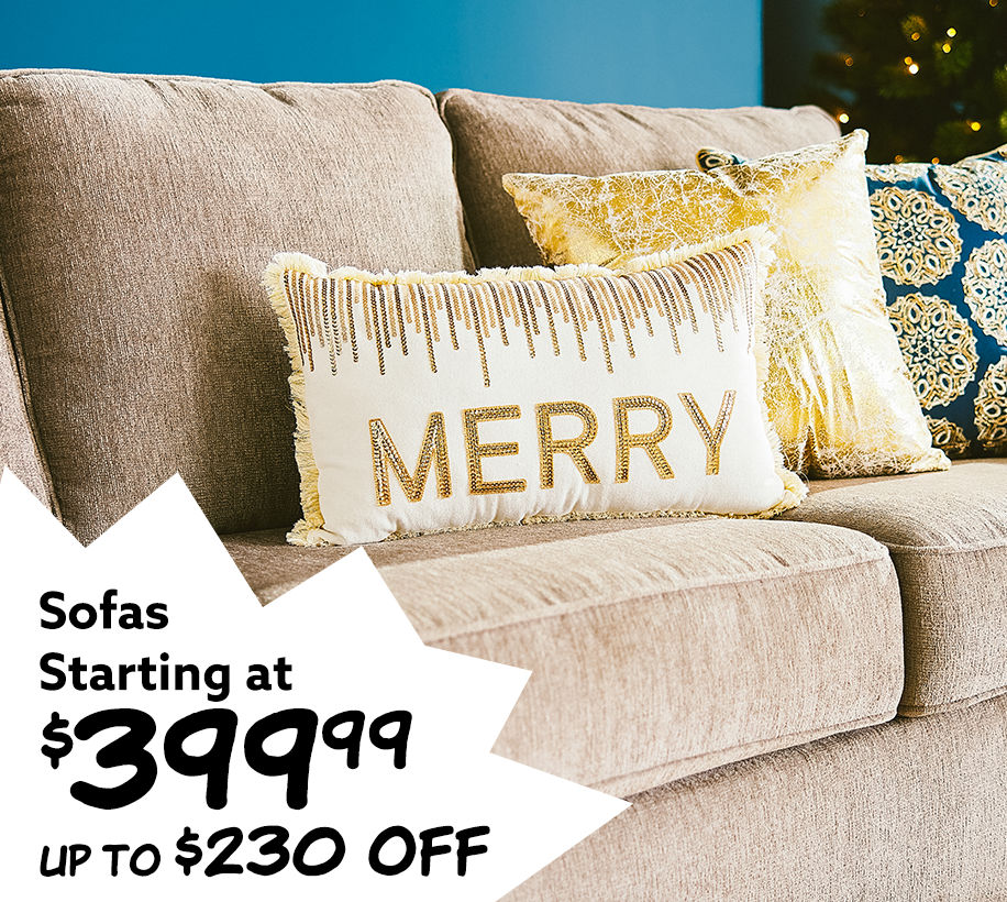 Sofas starting at $399.99 up to $230 off.