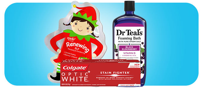 Holiday Face Mask, Dr Teals Foaming Bath Soap, Colgate Optic White Toothpaste.