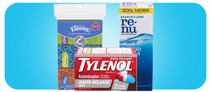 Kleenex Tissues, Re-nu Contact Cleaner, Tylenol Rapid Release 