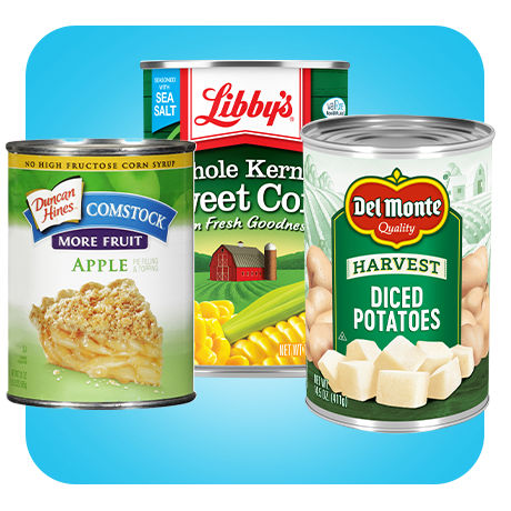 Duncan Hines, Libby, and Del Monte branded canned foods.