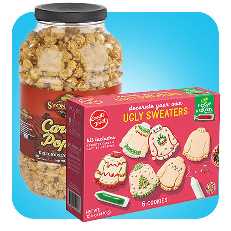 Caramel Popcorn, Ugly-Sweater Sugar Cookie Kit.