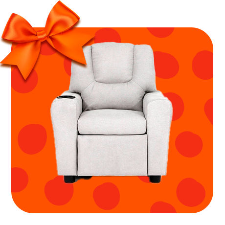 White child-sized recliner with built in cupholder.