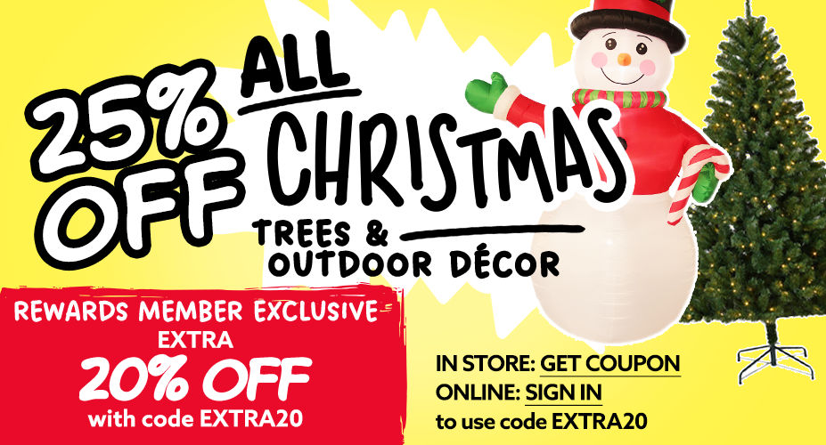 25% Off All Christmas Trees and Outdoor Décor. Excludes Lights.