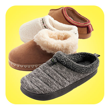 Comfy Slippers in a variety of colors and materials.