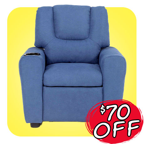 Kids' Size Blue Recliner with Cup Holder built in to Right Arm.