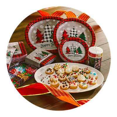 Assortment of festive holiday paper plates.