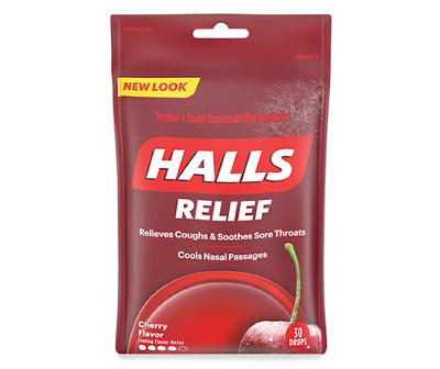 Halls Relief Cherry Cough Suppressant/Oral Anesthetic Menthol Drops 30 ct Bag