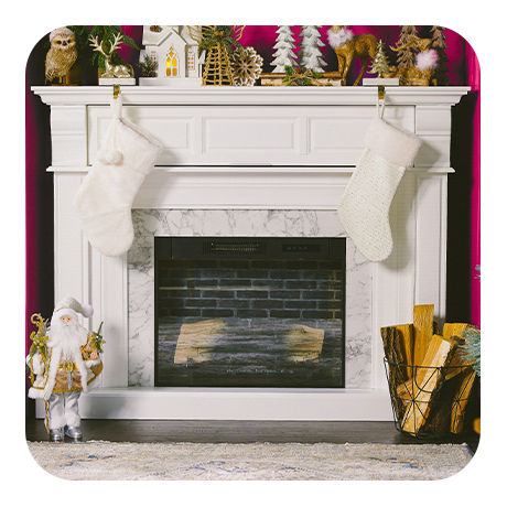 A large, luxury white granite Electric Fireplace