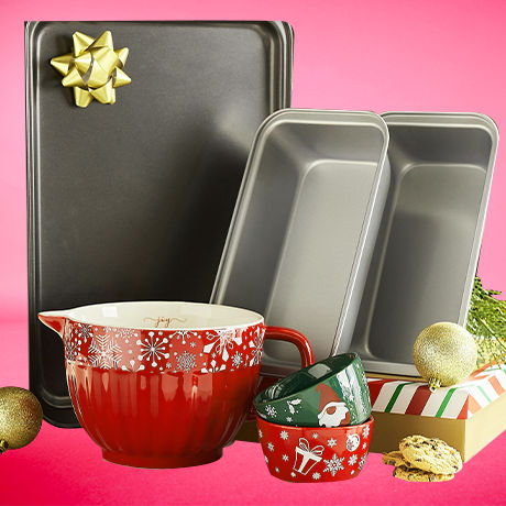 Durable metal baking sheets and pans. Holiday-themed measuring cups.