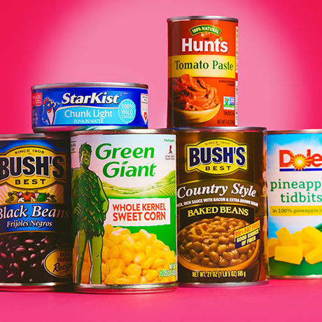 A variety of canned foods, Brands such as Bush, Green Giant, Dole, and StarKist