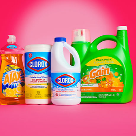 A variety of different cleaning product from brands like Gain, Clorox, and AJAX