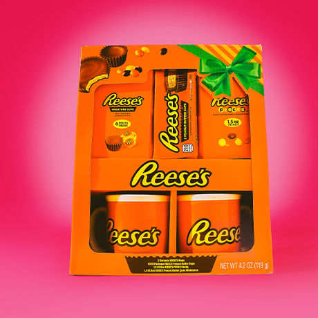 Reeses Holiday Gift Set complete with Reese Pieces, Reese-branded Mugs.