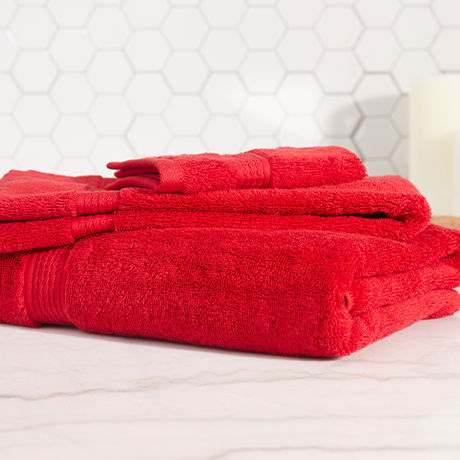 Plush red bath towels.