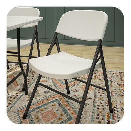 Durable metal frame, hard plastic top, easy to clean, folding chair.