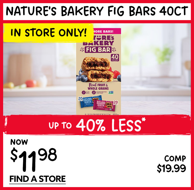 In-Store Only!  Nature's Bakery Fig Bars, 40-count, Up to 40% Less. Now $11.98