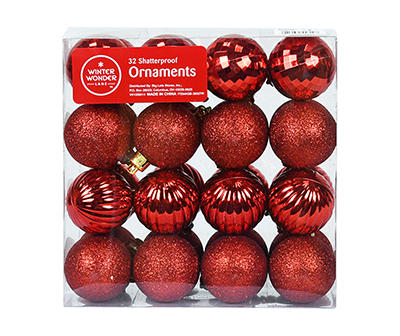 Mini Red 32-Count Shatterproof Ornament Set