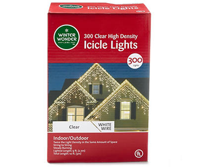 Clear High Density Icicle Light Set on White Wire, 300-Count