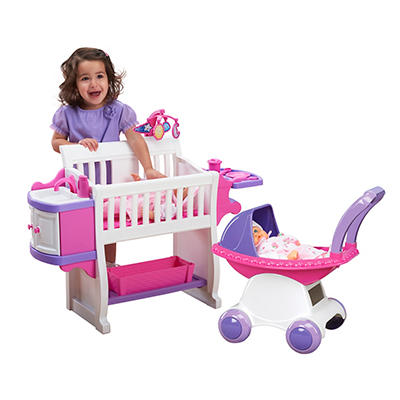 Little Girls Toy Sound Baby Doll Stroller Set Foldable Pink 4 Wheels Carriage 