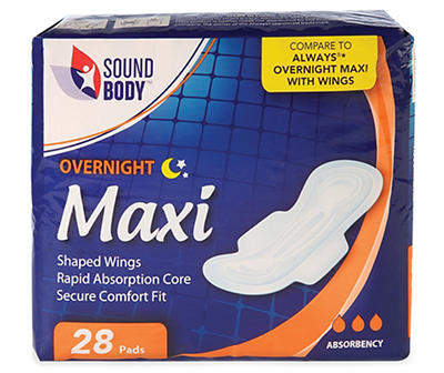 Overnight Maxi Pads with Wings, 28-Count