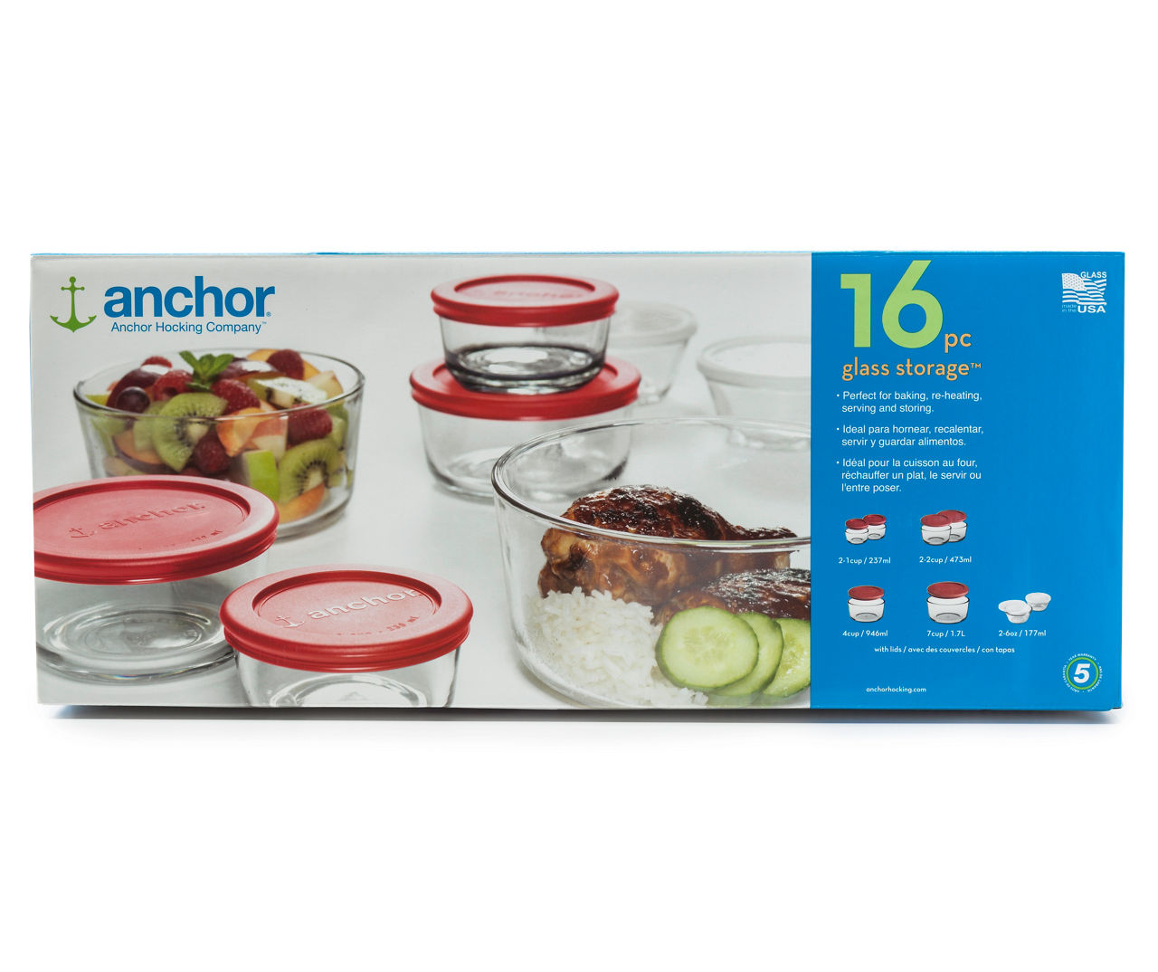 Anchor Hocking Glass Food Storage Set with Lids, 16-Piece