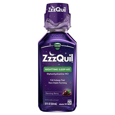 Vicks ZzzQuil Nighttime Sleep Aid Liquid, Warming Berry Flavor, Fall Asleep Fast and Wake Refreshed, 12 Fl oz