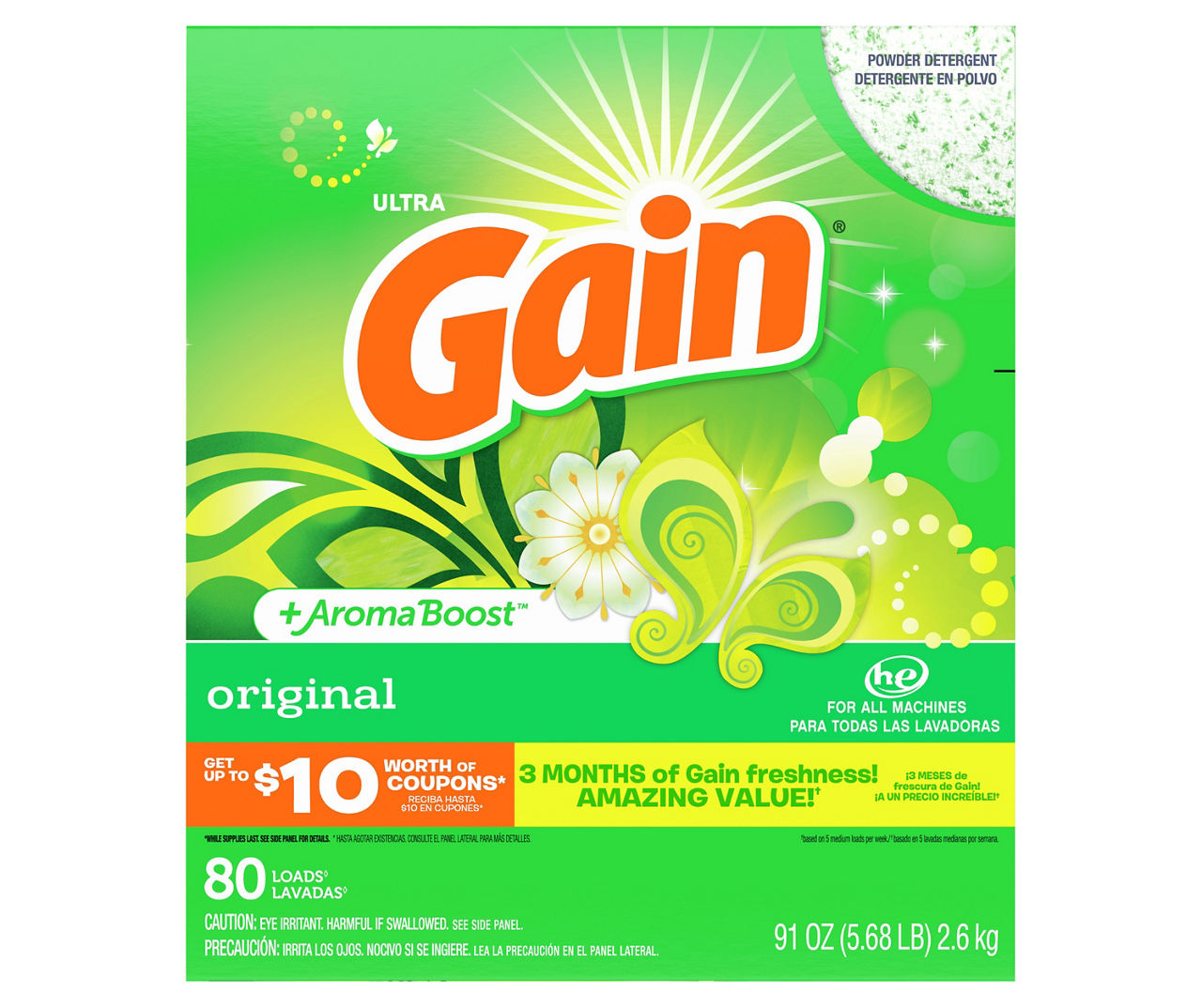 Gain Gain Powder Laundry Detergent for Regular and HE Washers, Original Scent, 91 ounces, 80