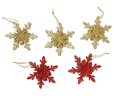 Gold & Red Snowflake 5-Count Ornament Set