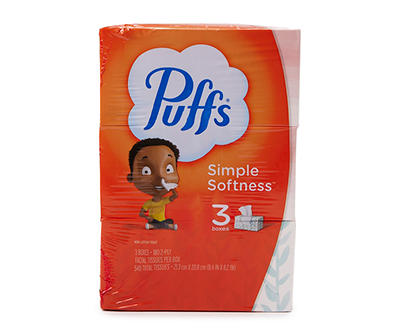 Puffs, Everyday Non-Lotion Facial Tissues, 3 Family Boxes, 180 Tissues per Box