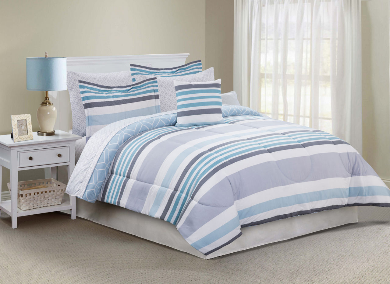 Just Home Jaymes Blue Stripe & Tile Reversible Comforter Sets | Big Lots