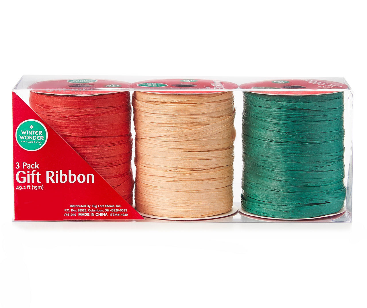 Festive Raffia Ribbon Trio - Red, Green & Khaki, 1080ft (3 x 360ft), Matte Paper  Ribbon for Christmas Crafts & Gift Wrapping 