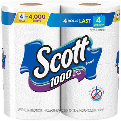 Scott 1000 Toilet Paper, 4 Regular Rolls, Septic-Safe, 1-Ply Toilet Tissue
