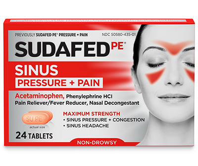 Sudafed PE Sinus Pressure + Pain Relief Tablets, Maximum Strength, Non-Drowsy, Acetaminophen, Pain Reliever, Fever Reducer, Phenylephrine HCl, Decongestant, Sinus Congestion Relief; 24 ct; Pack of 1