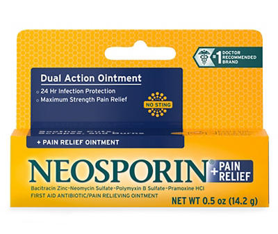 Neosporin + Maximum-Strength Pain Relief Dual Action Ointment, First Aid Topical Antibiotic & Analgesic Ointment for 24-Hour Infection Protection with Bacitracin Zinc & Pramoxine HCl,.5 oz