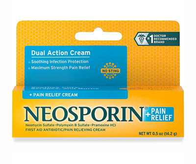 Neosporin + Maximum-Strength Pain Relief Dual Action Cream, First Aid Topical Antibiotic & Analgesic Cream for Wound Care of Minor Cuts, Scrapes & Burns, Polymyxin B & Pramoxine HCl,.5 oz