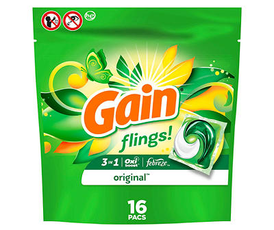 Gain flings Laundry Detergent Soap Pacs, HE Compatible, 16 Count, Long Lasting Scent, Original Scent