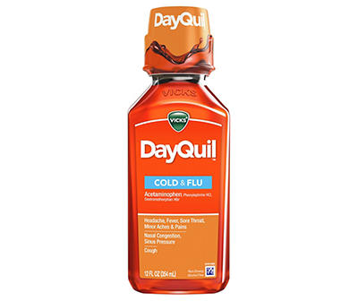 Vicks DayQuil Cold and Flu Medicine, 12 fl oz, Powerful Relief, Relieves Cough, Sore Throat, Fever, Congestion