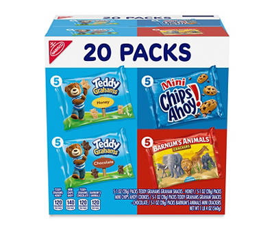 Nabisco Teddy Grahams Honey, Teddy Grahams Chocolate, Mini Chip Ahoy! & Barnum's Animals Crackers Variety Pack 20-1 oz. Packs