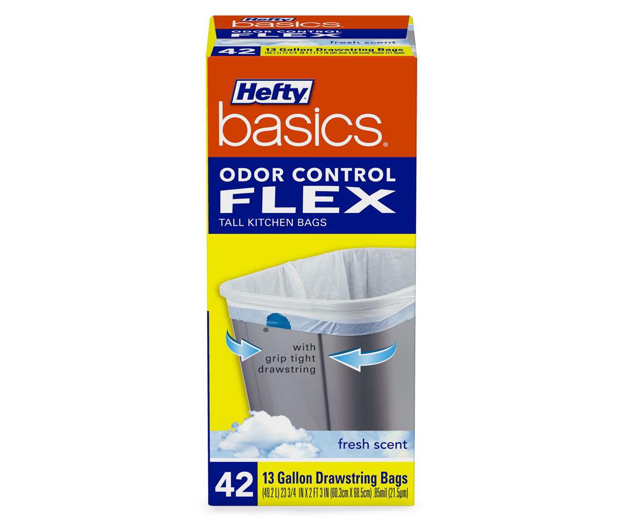Hefty Basics Hefty Basics Flex Odor Control 13 Gallon Tall Kitchen  Drawstring Bags 42 ct Fresh Scent Box