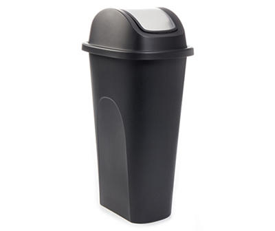 Black Slim 11-Gallon Wastebasket with Silver Flap Lid
