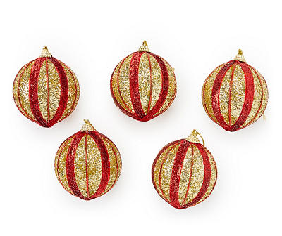 Gold & Red Glitter Ribbon 5-Count Ornament Set