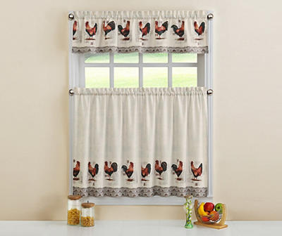 White Postcard Rooster Kitchen Tier Curtain 3-Piece Set