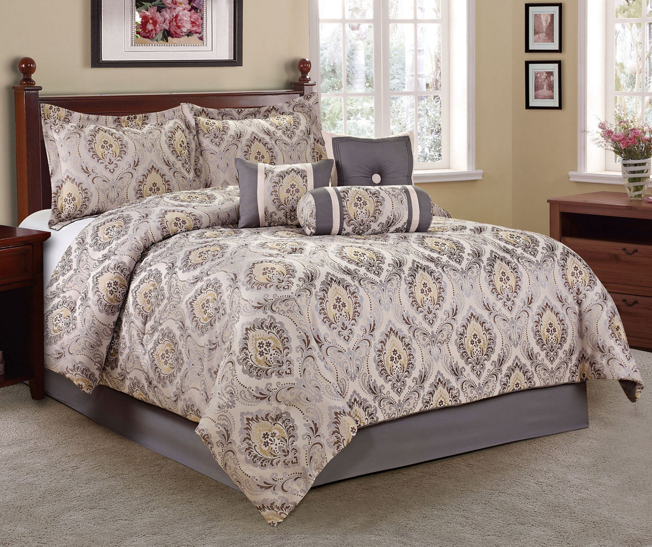 Living Colors Jacquard Scroll Gray & Cream 7Piece Comforter Sets Big