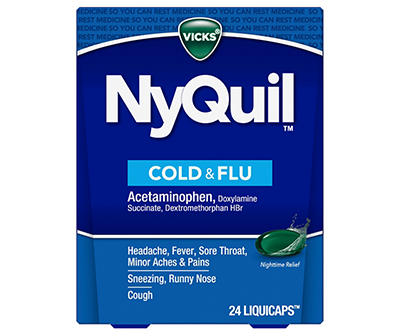 Vicks NyQuil Cold, Flu, and Congestion Medicine, 24 LiquiCaps, Relieves Nighttime Cough, Sore Throat, Fever, Runny Nose, Liquid Capsules