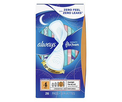 Always Infinity FlexFoam Pads for Women Size 4 Overnight Absorbency, Up to 12 hours Zero Leaks, Zero Feel Protection, with Wings Unscented, 26 Count
