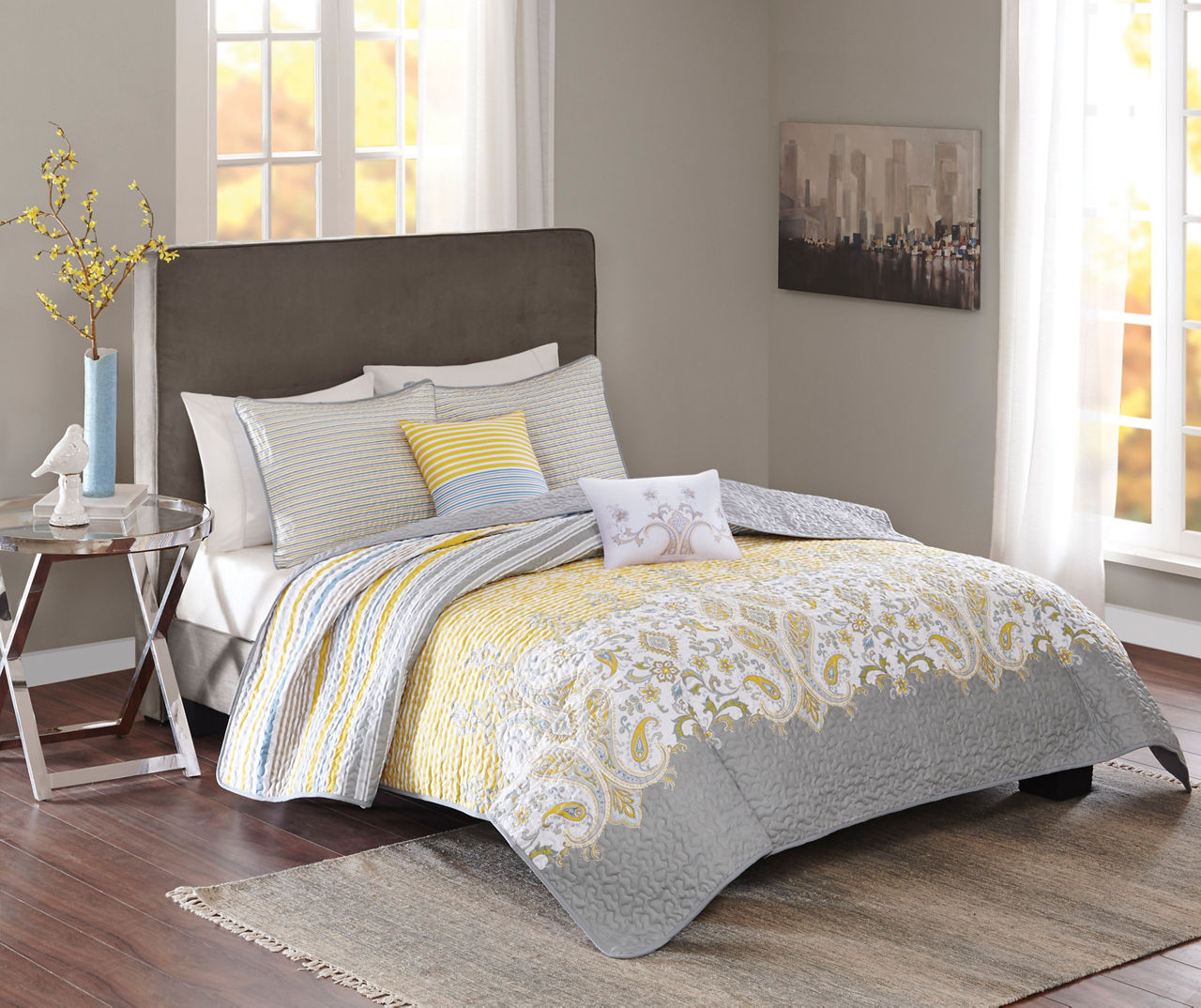 Living Colors Gray & Yellow 5-Piece King Reversible Quilt Set | Big Lots