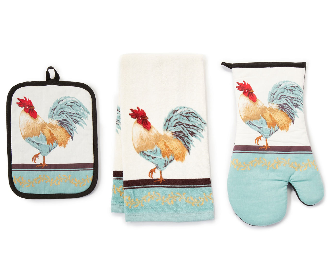 Rooster Kitchen Towel, Pot Holder and Oven Mitt Set